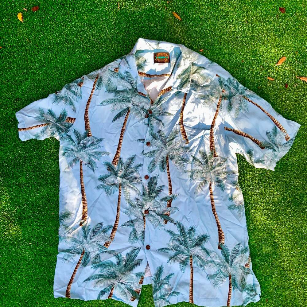 Hawaiian Reserve Light Blue Palm Tree Tropical Button Down Shirt